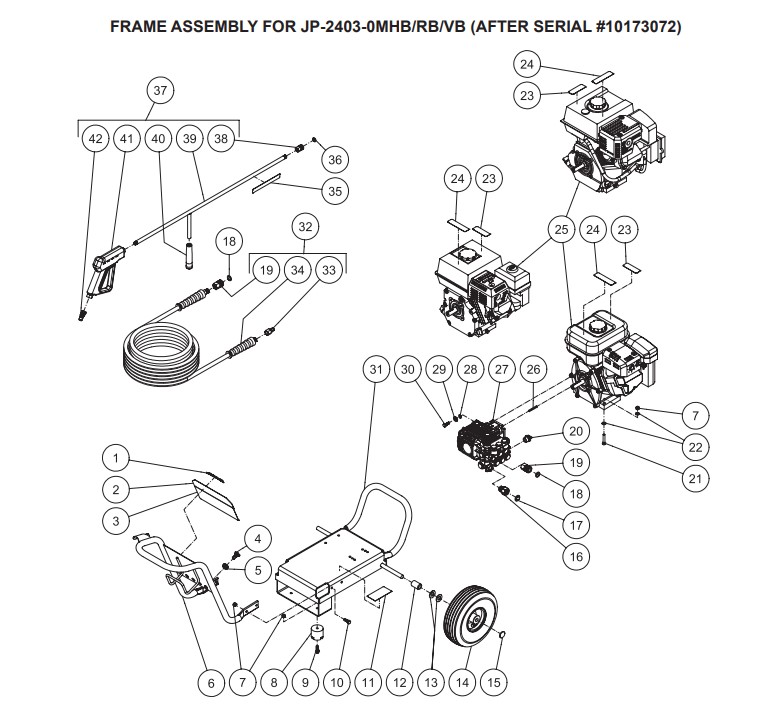 JP-2403-0MHB Pressure Washer breakdowns Replacement Parts, repair Kits & manual.